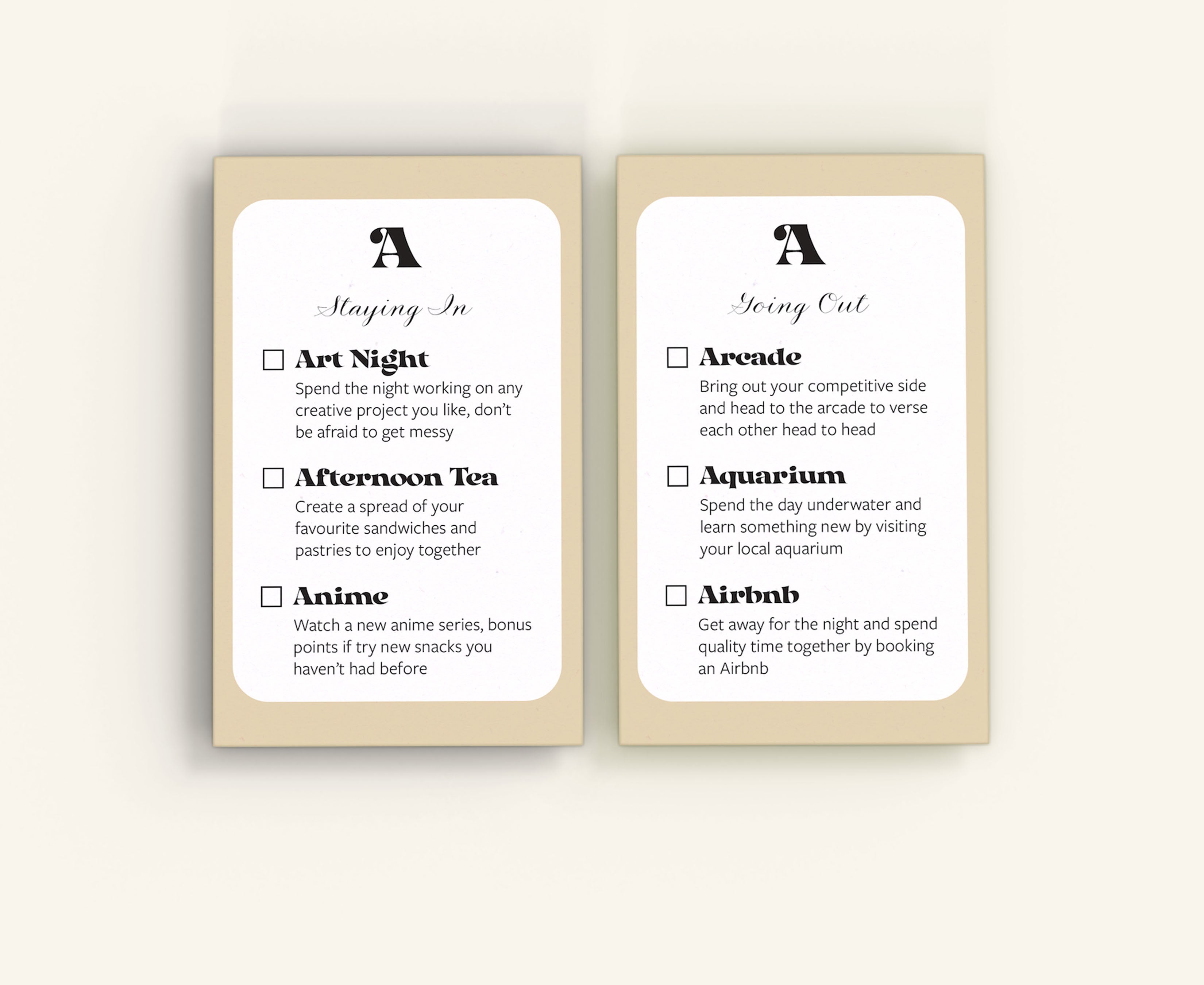 date idea cards, alphabet date ideas, going out date idea cards, staying in date idea cards, staying in alphabet date ideas, going out alphabet date ideas, printable staying date night idea cards, printable going out date night idea cards, digital download of fun date night ideas, unique date ideas for date night, couples challenge, relationship date challenge, alphabet date idea cards