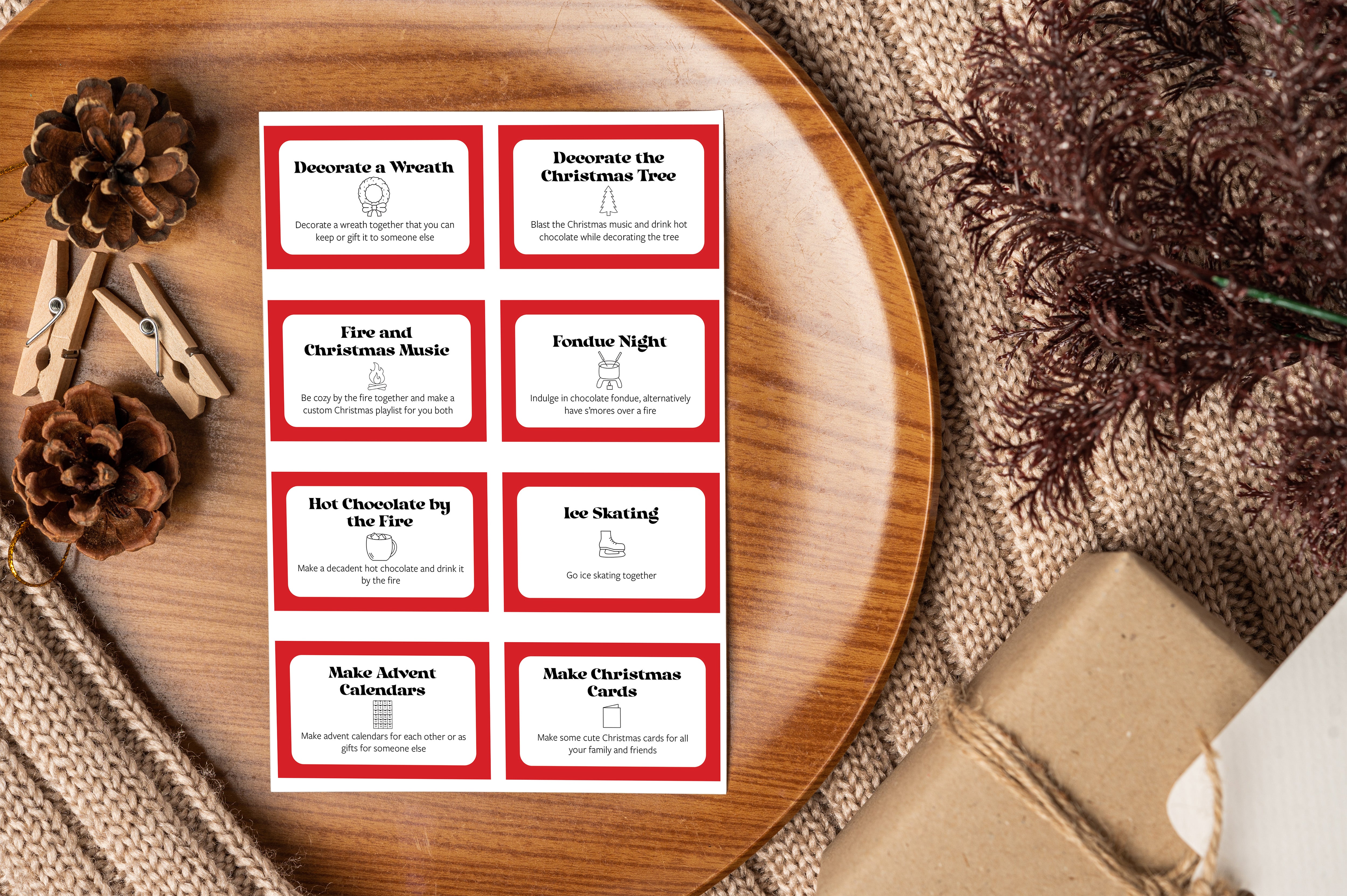 Christmas themed date night idea cards, christmas couple ideas, date ideas for couples at christmas, printable christmas date idea cards, digital download for fun christmas activities for the whole family, festive season bucket list, list of fun christmas date ideas, christmas date idea checklist, festive season activities